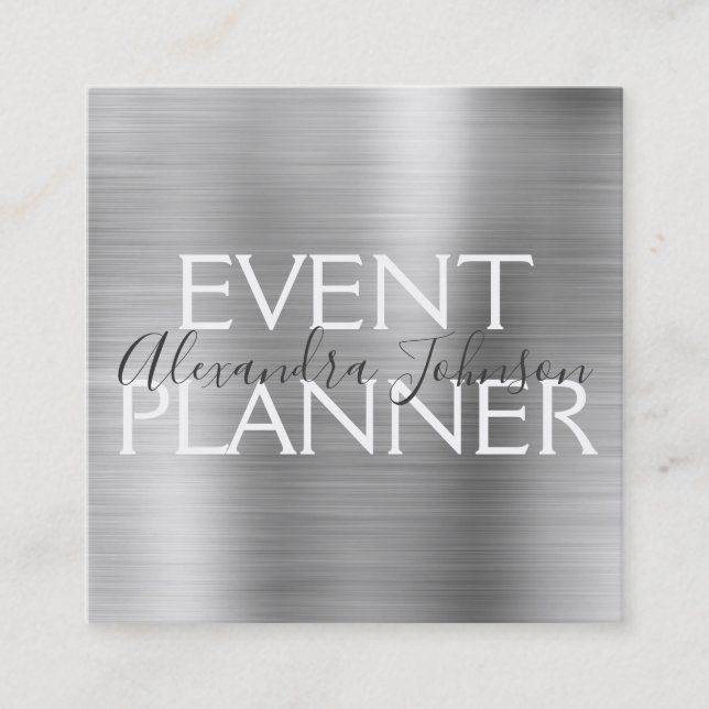 Luxury Silver Brushed Metal Event Planner Square Business Card (Front)