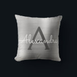 Luxury Silver Brushed Metal Monogram Name Initial Cushion<br><div class="desc">Luxury Silver Foil Brushed Metal Monogram Name and Initial Pillow. The pillow makes the perfect gift for someone decorating her room in silver.</div>