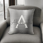 Luxury Silver Brushed Metal Monogram Name Initial Cushion<br><div class="desc">Luxury Silver Foil Brushed Metal Monogram Name and Initial Pillow. The pillow makes the perfect gift for someone decorating her room in silver.</div>