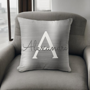 Luxury Silver Brushed Metal Monogram Name Initial Cushion