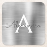 Luxury Silver Brushed Metal Monogram Name Initial Square Paper Coaster<br><div class="desc">Luxury Silver Foil Brushed Metal Monogram Name and Initial Coaster. The makes the perfect gift for someone looking for a modern monogram Coaster for a party or celebration.</div>