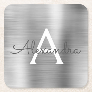 Luxury Silver Brushed Metal Monogram Name Initial Square Paper Coaster
