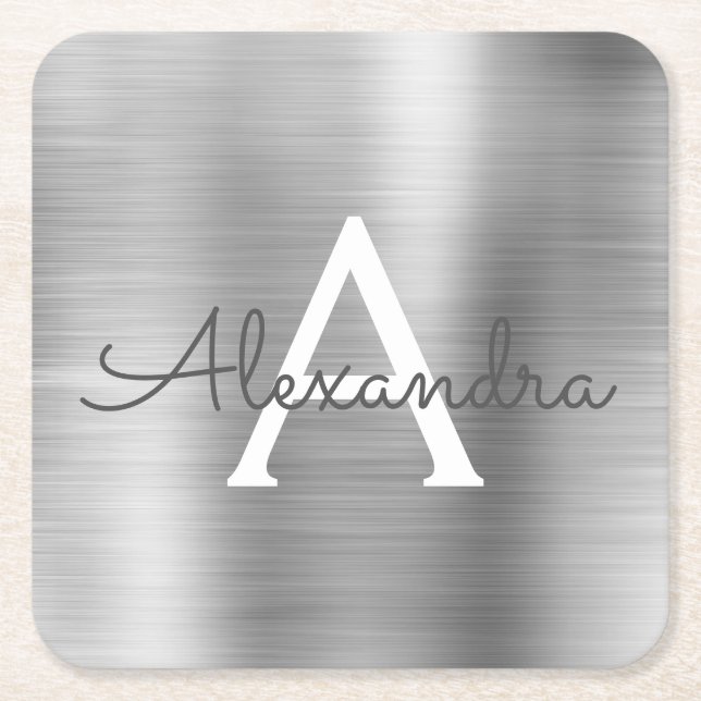 Luxury Silver Brushed Metal Monogram Name Initial Square Paper Coaster (Front)