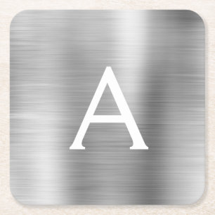 Luxury Silver Brushed Metal Monogram Name Initial Square Paper Coaster