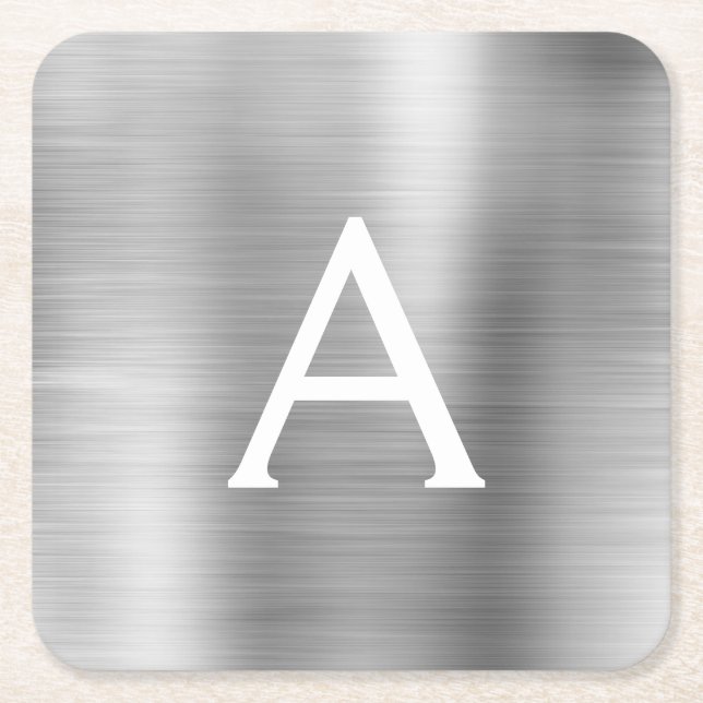 Luxury Silver Brushed Metal Monogram Name Initial Square Paper Coaster (Front)