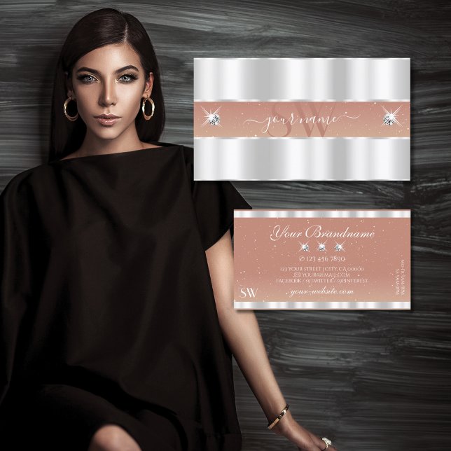 Luxury Silver Coral Sparkling Diamonds Initials Business Card (Creator Uploaded)