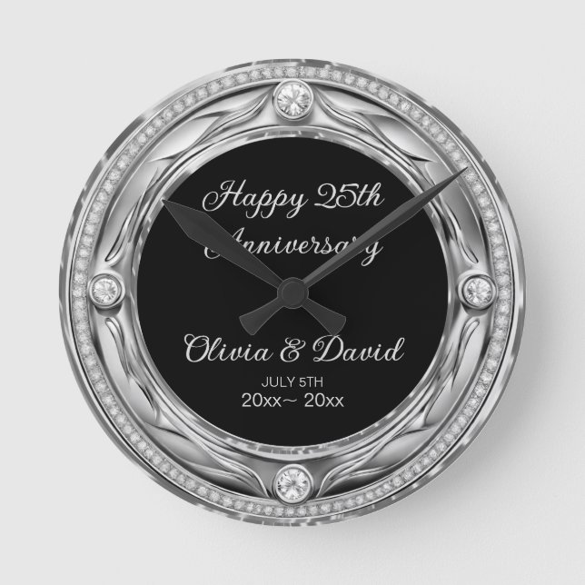 Luxury Silver Diamonds Wedding Anniversary  Round Clock (Front)