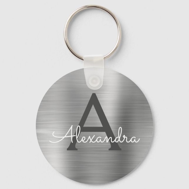 Luxury Silver Faux Stainless Steel Monogram Key Ring (Front)