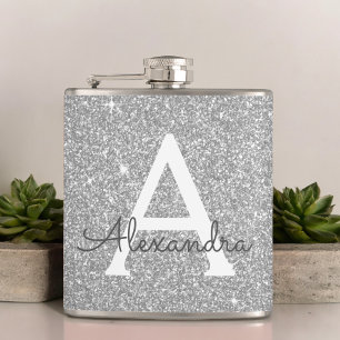 Luxury Silver Glitter and Sparkle Monogram Hip Flask
