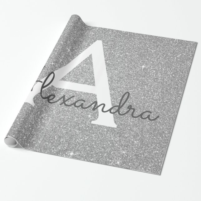 Luxury Silver Glitter and Sparkle Monogram Wrapping Paper (Unrolled)