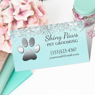 Luxury Silver Glitter Dog Paw Pet Grooming Business Card