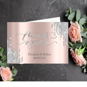 Luxury Silver Glitter Drips Rose Gold Thank You Card