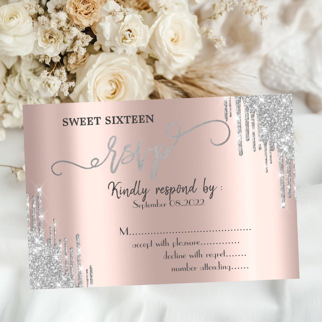 Luxury Silver Glitter Drips Sweet 16 RSVP  Invitation (Creator Uploaded)