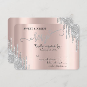 Luxury Silver Glitter Drips Sweet 16 RSVP  Invitation