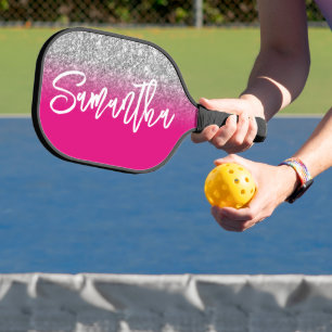 Luxury Silver Glitter Hot Pink Ombre Personalised Pickleball Paddle