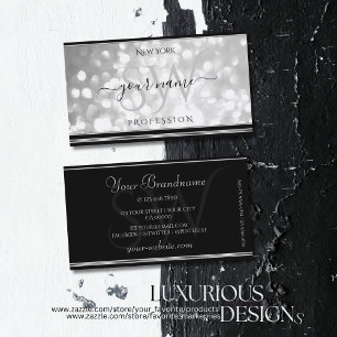 Luxury Silver Glitter Initials Black Silvery Edge Business Card