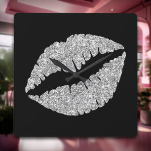 Luxury Silver Glitter Lipstick on Black Square Wall Clock