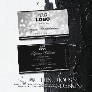 Luxury Silver Glitter Logo Black Silvery Border Business Card
