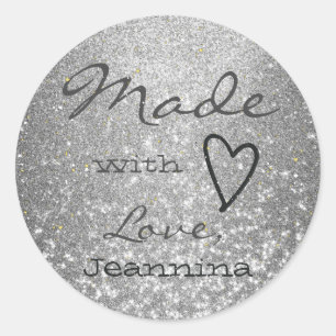 Luxury Silver Glitter Made with Love Heart Cute Classic Round Sticker