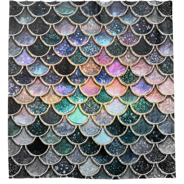 Luxury silver Glitter Mermaid Scales Shower Curtain (Front)