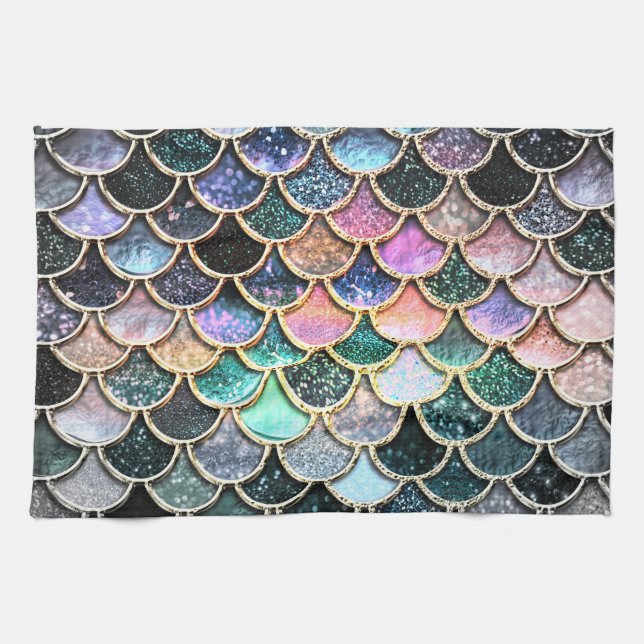 Luxury silver Glitter Mermaid Scales Tea Towel (Horizontal)
