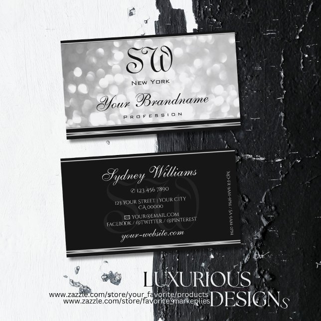 Luxury Silver Glitter Monogram Black Silver Border Business Card (Creator Uploaded)