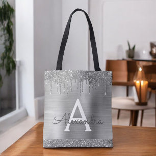 Luxury Silver Glitter Sparkle Elegant Monogram Tote Bag