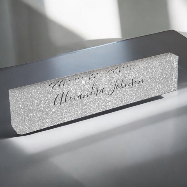 Luxury Silver Glitter Sparkle Girly Modern Nameplate (Creator Uploaded)