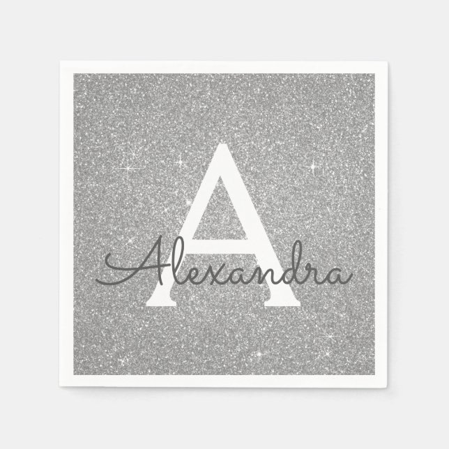 Luxury Silver Glitter & Sparkle Monogram Birthday Napkin (Front)