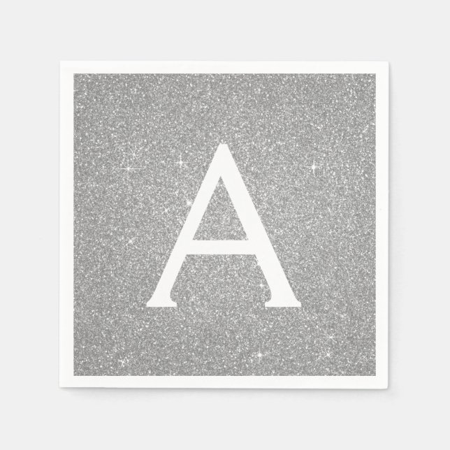 Luxury Silver Glitter & Sparkle Monogram Birthday Napkin (Front)