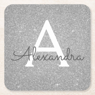 Luxury Silver Glitter & Sparkle Monogram Birthday Square Paper Coaster