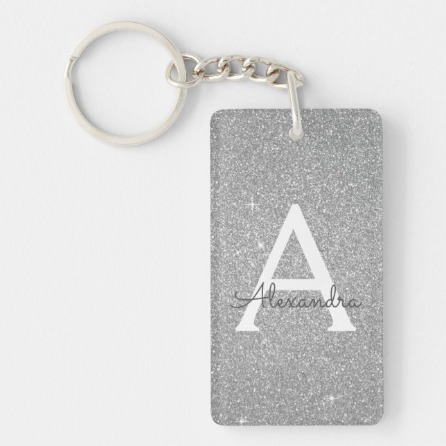Luxury Silver Glitter & Sparkle Monogram Key Ring (Front)