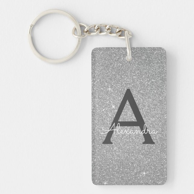 Luxury Silver Glitter & Sparkle Monogram Key Ring (Front)