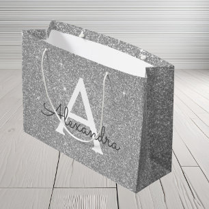 Luxury Silver Glitter & Sparkle Monogram Large Gift Bag