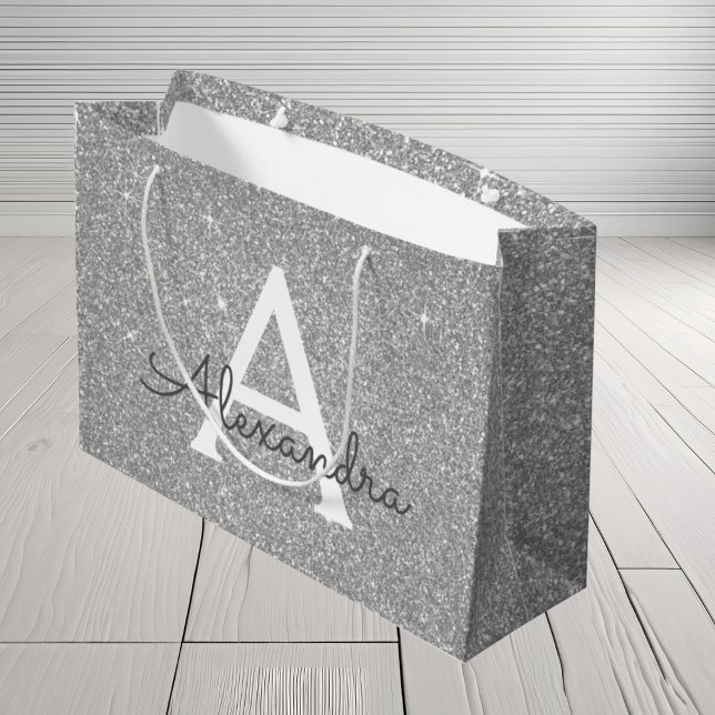 Luxury Silver Glitter & Sparkle Monogram Large Gift Bag (Creator Uploaded)