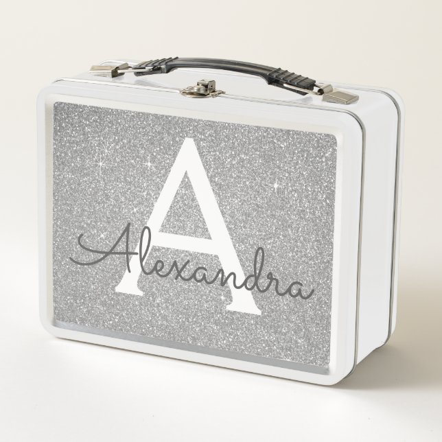 Luxury Silver Glitter & Sparkle Monogram Metal Lunch Box (Front)