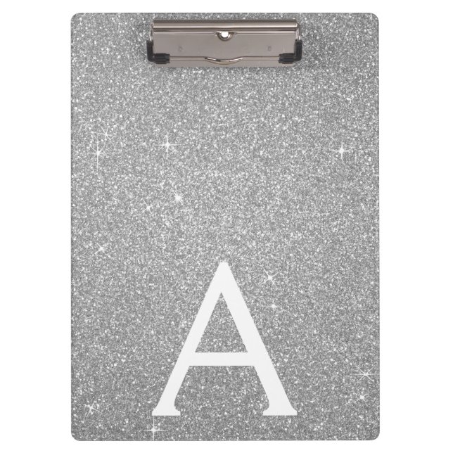 Luxury Silver Glitter & Sparkle Monogram School Clipboard (Front)
