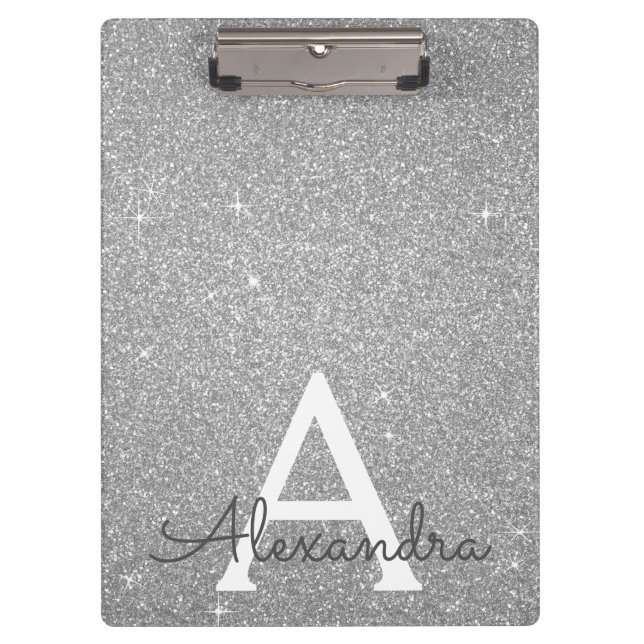 Luxury Silver Glitter & Sparkle Monogram School Clipboard (Front)