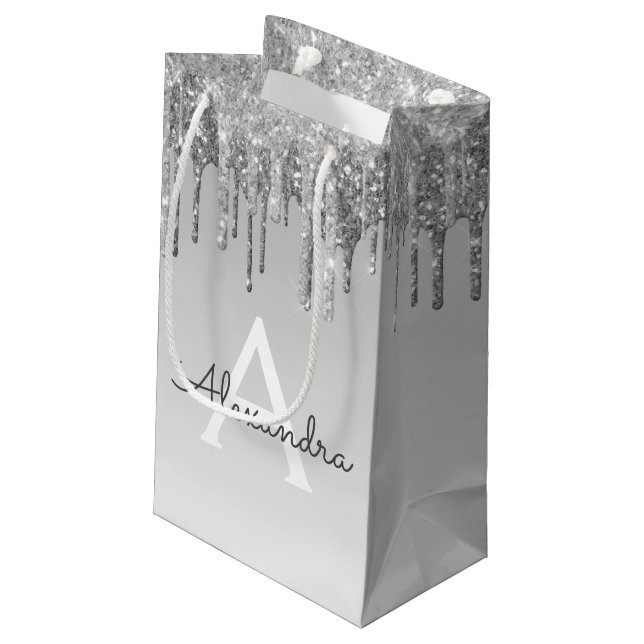 Luxury Silver Glitter & Sparkle Monogram Small Gift Bag (Back Angled)
