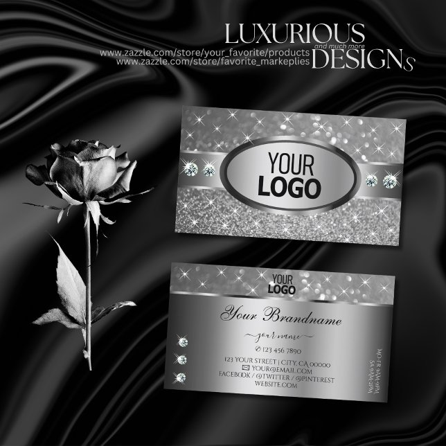 Luxury Silver Glitter Stars Diamonds add Logo Chic Business Card (Creator Uploaded)