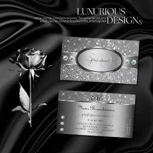 Luxury Silver Glitter Stars Diamonds Monogram Business Card