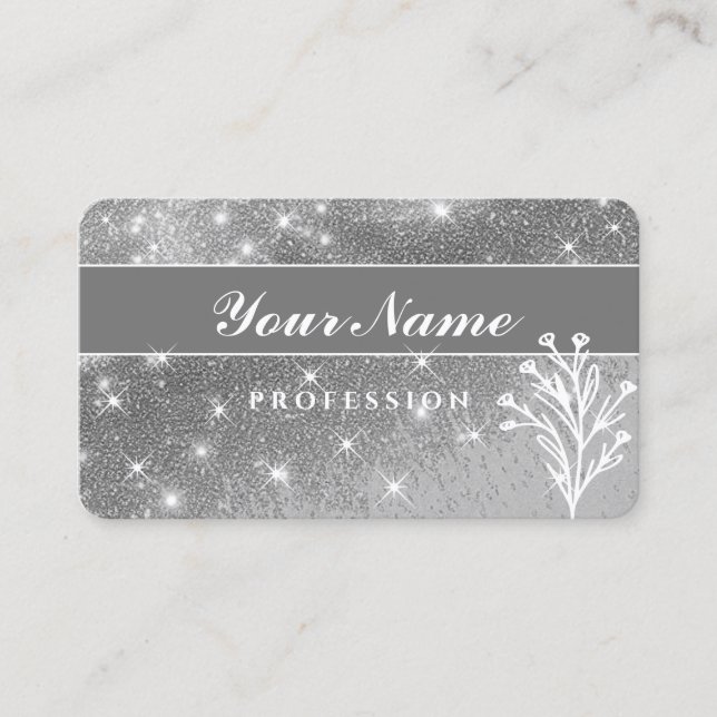 Luxury Silver Grey Glitzy Glitter Sparkling Stars Business Card (Front)