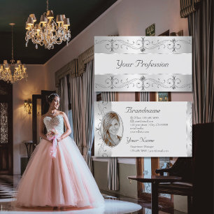 Luxury Silver Grey Ornate Borders Jewels Add Photo Business Card
