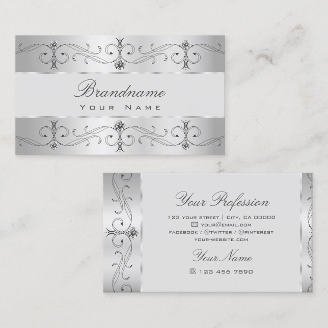 Luxury Silver Grey Ornate Borders Jewels Ornaments Business Card (Front/Back)