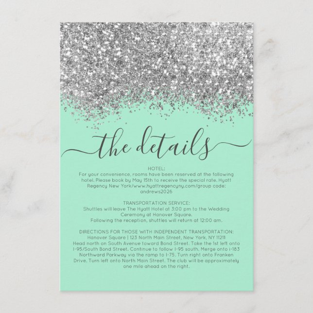 Luxury Silver Mint Glitter Confetti Wedding Detail Enclosure Card (Front)