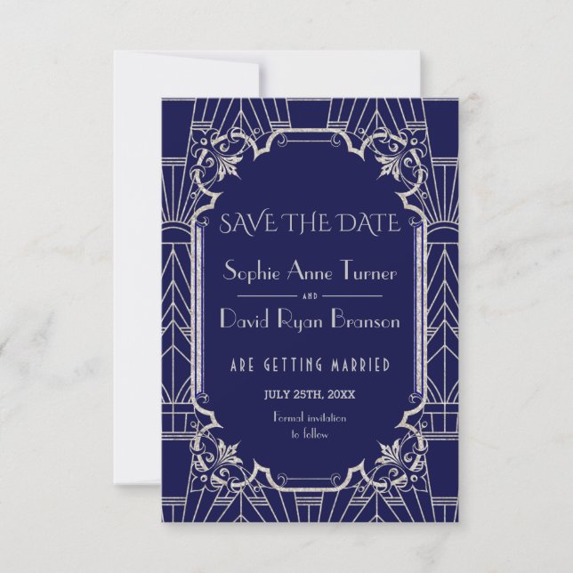 Luxury Silver Navy Blue Great Gatsby 20s Wedding Save The Date (Front)