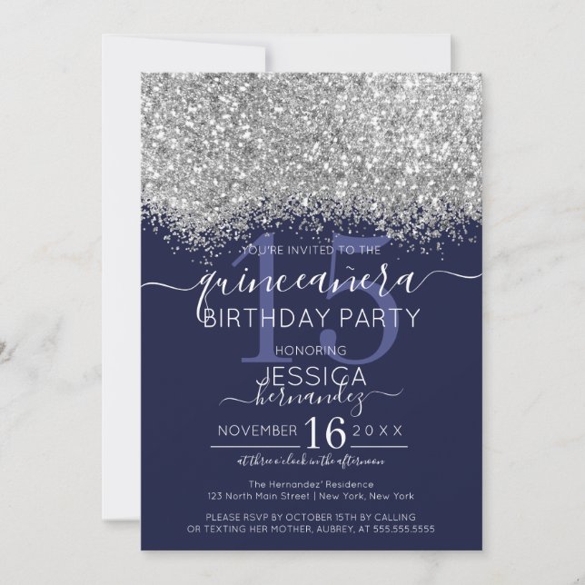Luxury Silver Navy Glitter Confetti Quinceañera Invitation (Front)