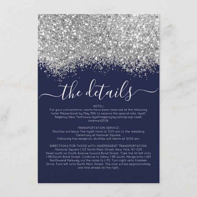 Luxury Silver Navy Glitter Confetti Wedding Detail Enclosure Card (Front)