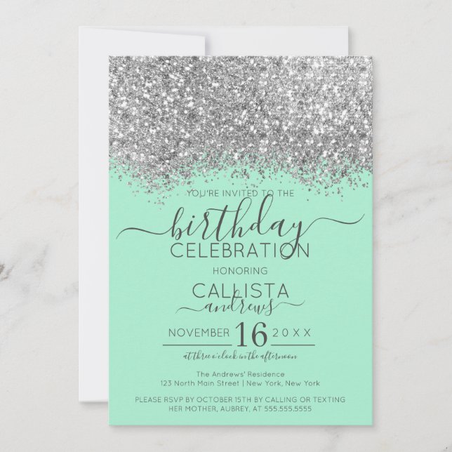 Luxury Silver Neo Mint Glitter Confetti Birthday Invitation (Front)