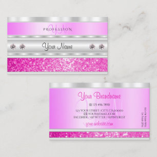Luxury Silver Pink Sparkling Glitter with Monogram Business Card